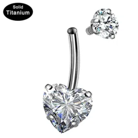 14G Round & Heart CZ Titanium Belly Button Ring