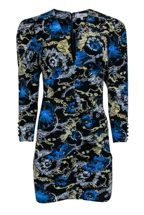 A.L.C. - Black 2/Blue & Yellow Floral Print V-Neckline Dress Sz 4