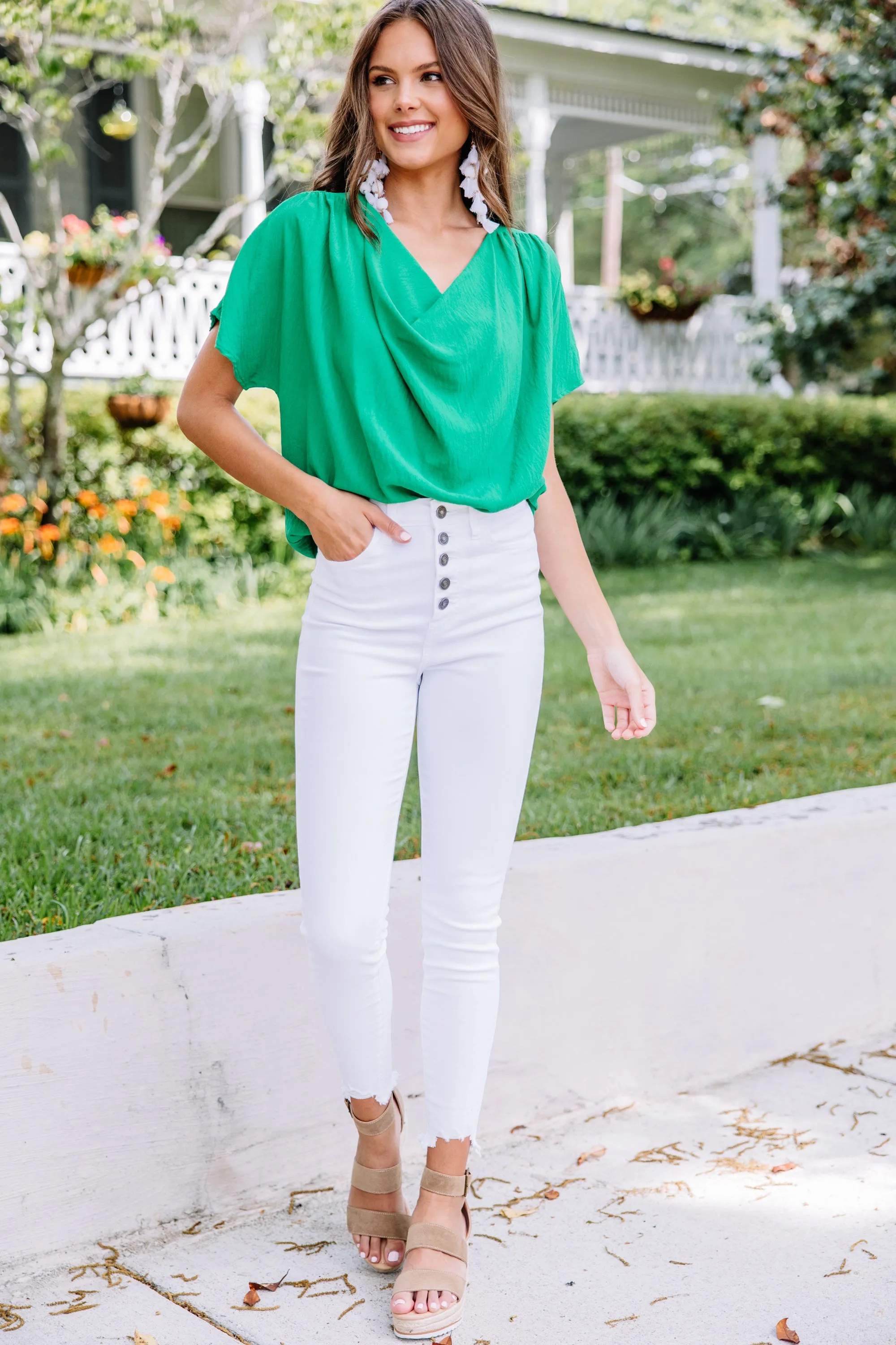 All For You Kelly Green Cowl Neck Blouse