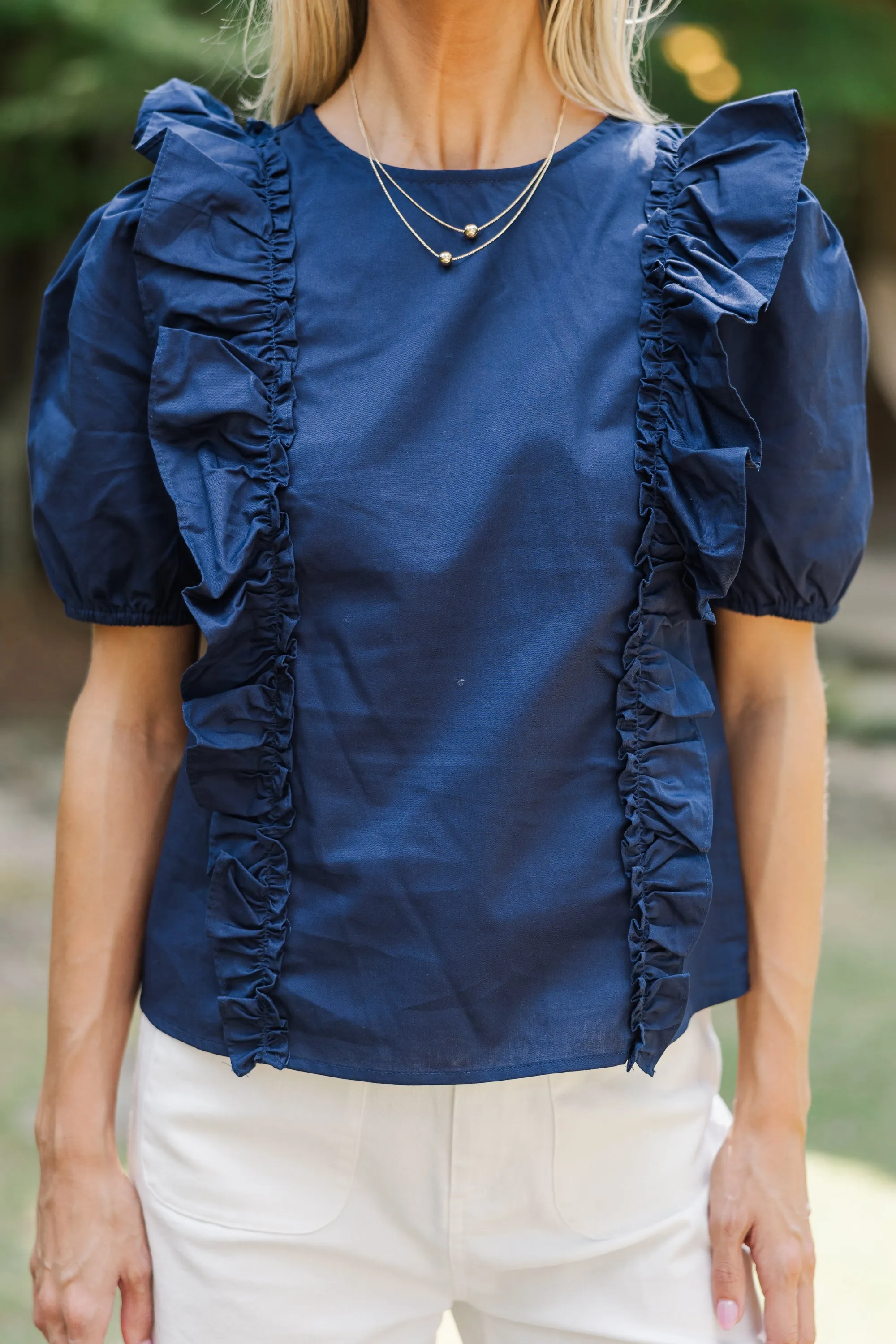 All To Give Navy Blue Ruffled Blouse