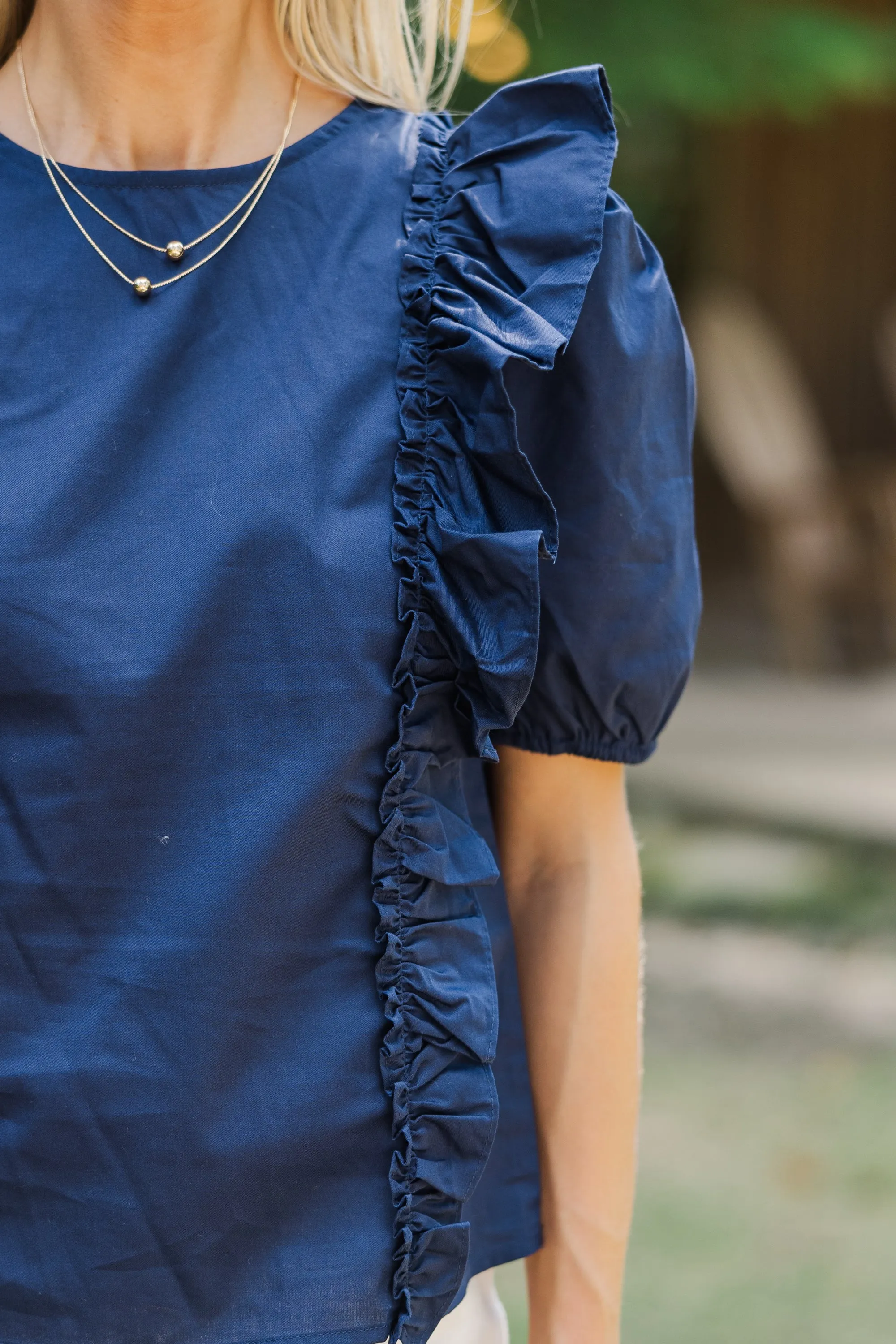 All To Give Navy Blue Ruffled Blouse