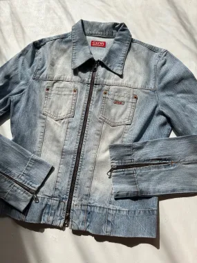 Baby blue zip up stretchy y2k vintage denim biker jacket (S/M)