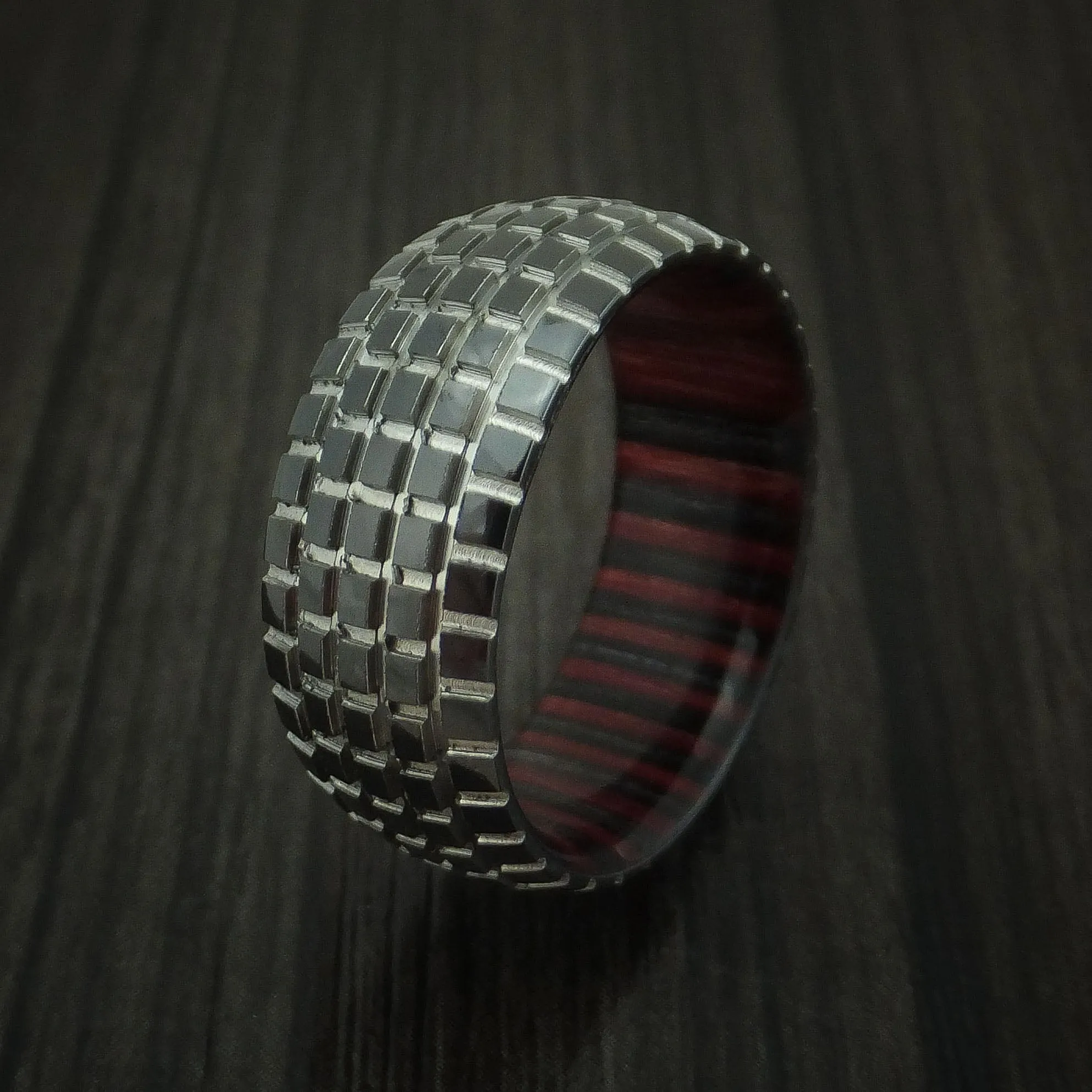 Black Zirconium Carved Tread Design Men's Ring with Wood Sleeve Bold Unique Band Custom Made