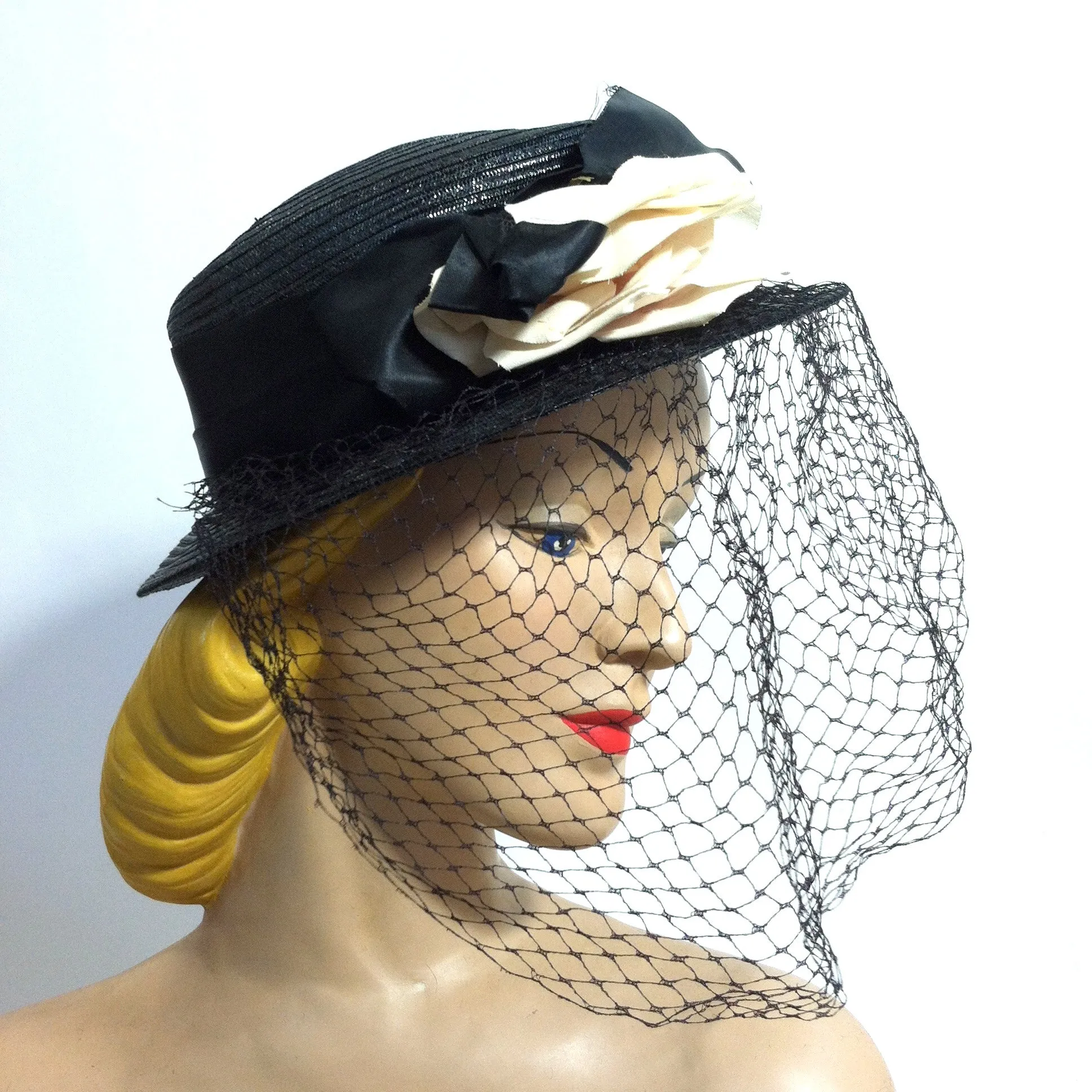 Blush Rose Black Hat w/ Dramatic Veil circa 1940s