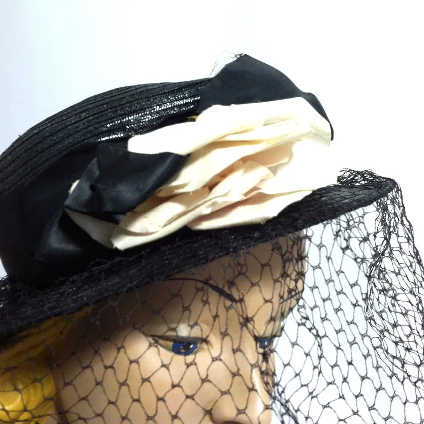 Blush Rose Black Hat w/ Dramatic Veil circa 1940s