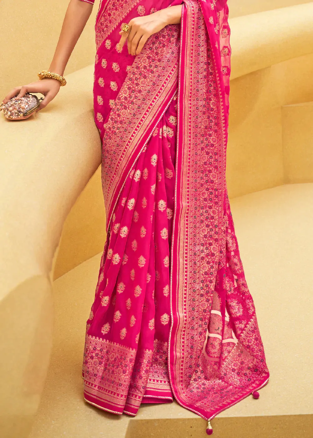 Bright Pink Zari Woven Brasso Organza Silk Saree