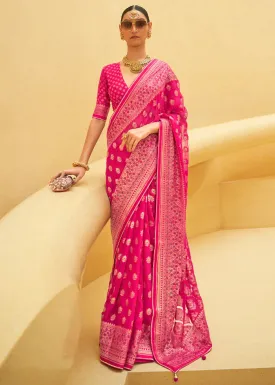 Bright Pink Zari Woven Brasso Organza Silk Saree