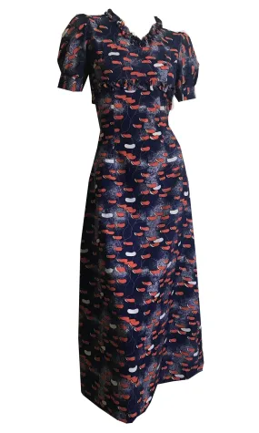 Calder Style Mobile Design Blue and Orange Print Empire Waist Midi Dress circa 1970s