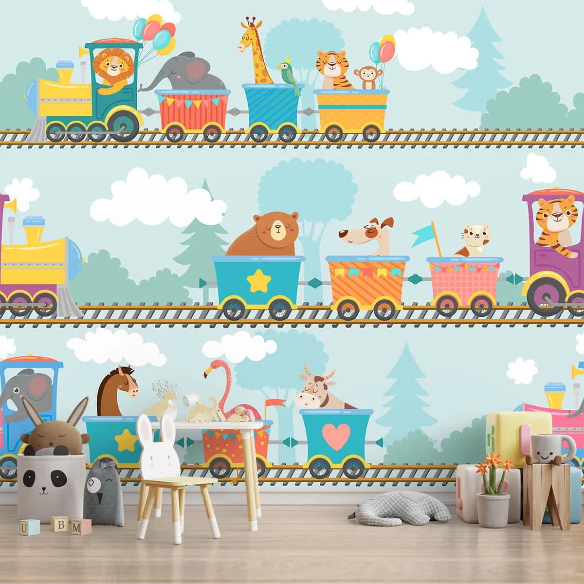 Cute Animals Train Kids Room Wallpaper, Customised