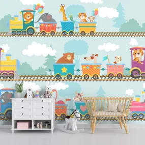 Cute Animals Train Kids Room Wallpaper, Customised