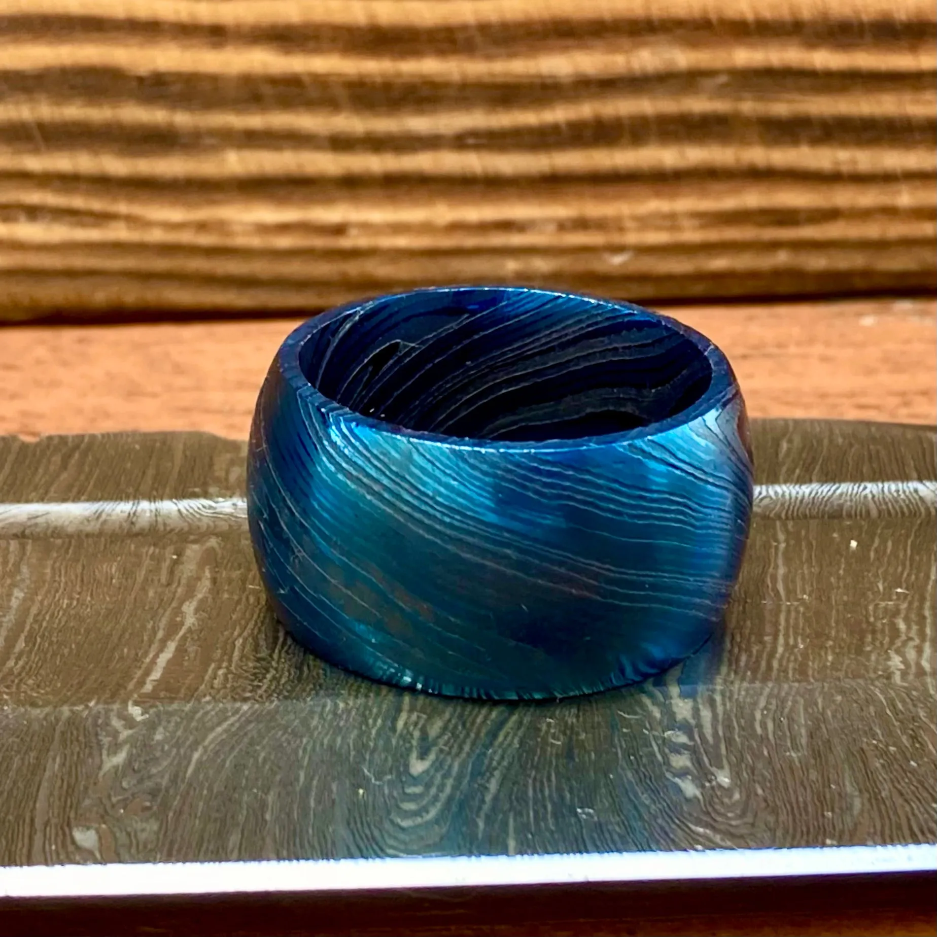 Damascus Steel Ring - Blue/Black - R215