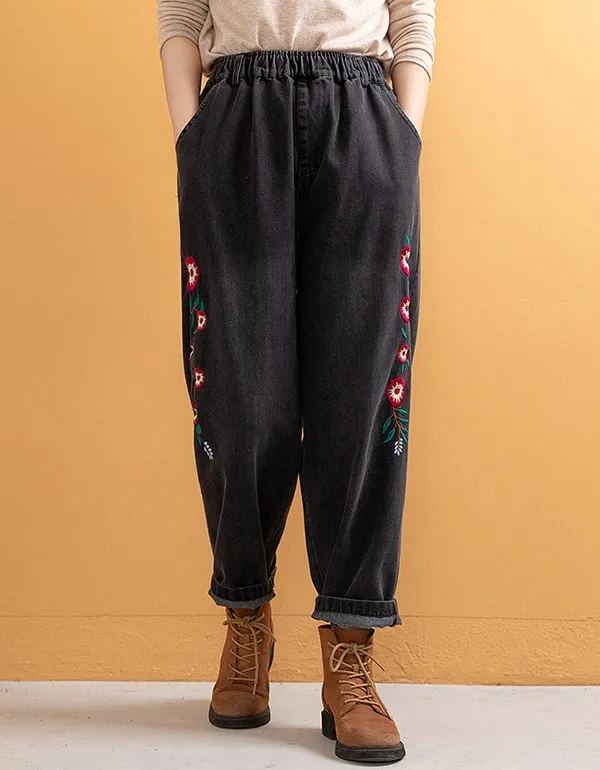 Embroidered Loose Retro Women's Denim Pants