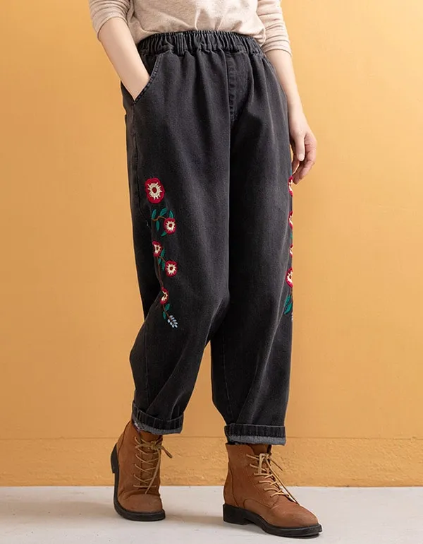 Embroidered Loose Retro Women's Denim Pants