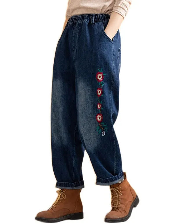 Embroidered Loose Retro Women's Denim Pants