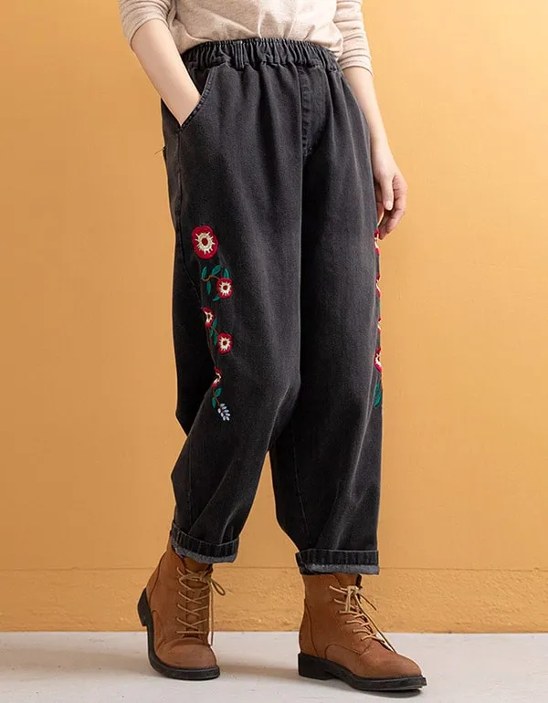 Embroidered Loose Retro Women's Denim Pants