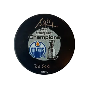 Grant Fuhr Edmonton Oilers Autographed 1985 Oilers Stanley Cup Puck w/ "2x SCC" Inscription - Fan Cave COA