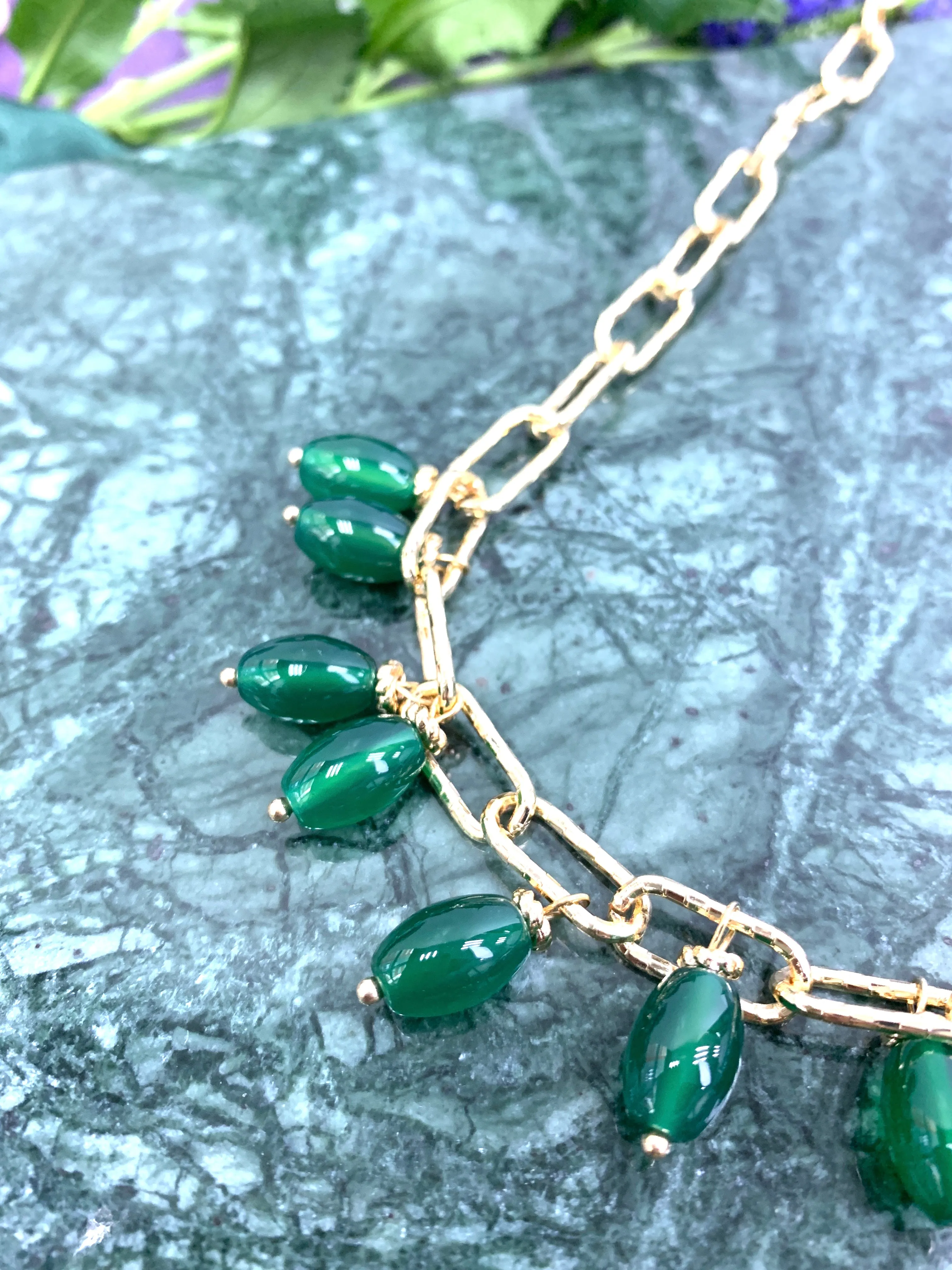 Green Agate Statement Chain Necklace HN010