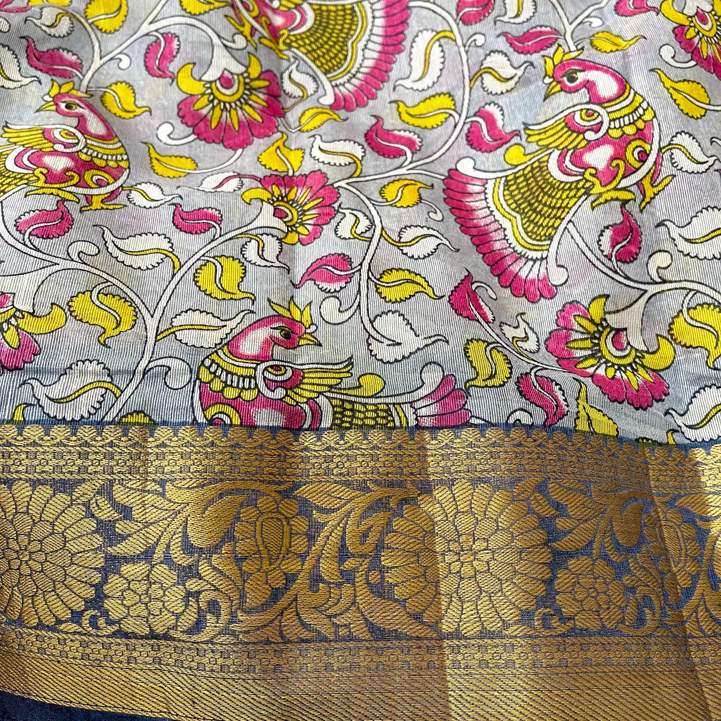 Grey Blue Kalamkari Cotton Silk Saree with Stitched Blouse