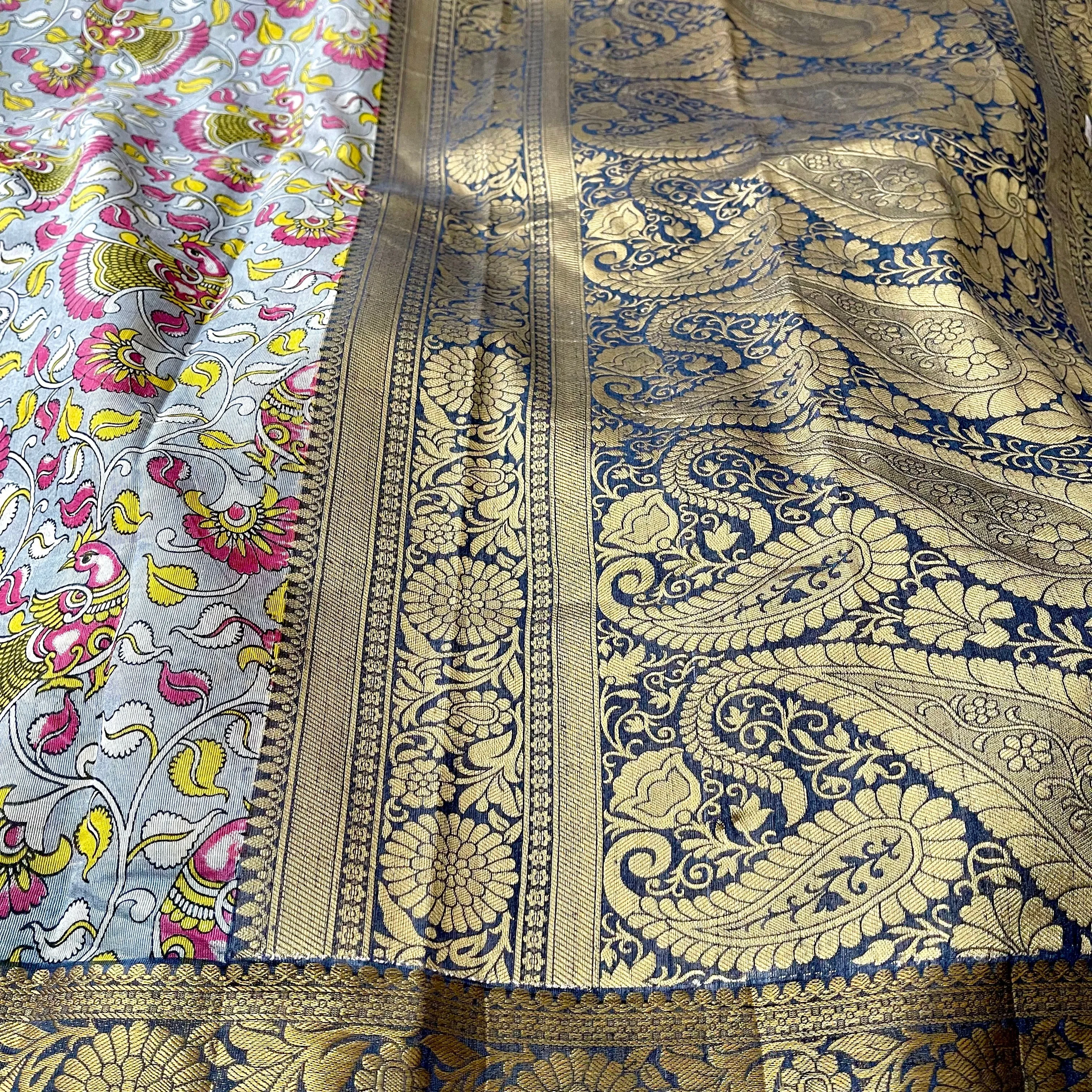 Grey Blue Kalamkari Cotton Silk Saree with Stitched Blouse