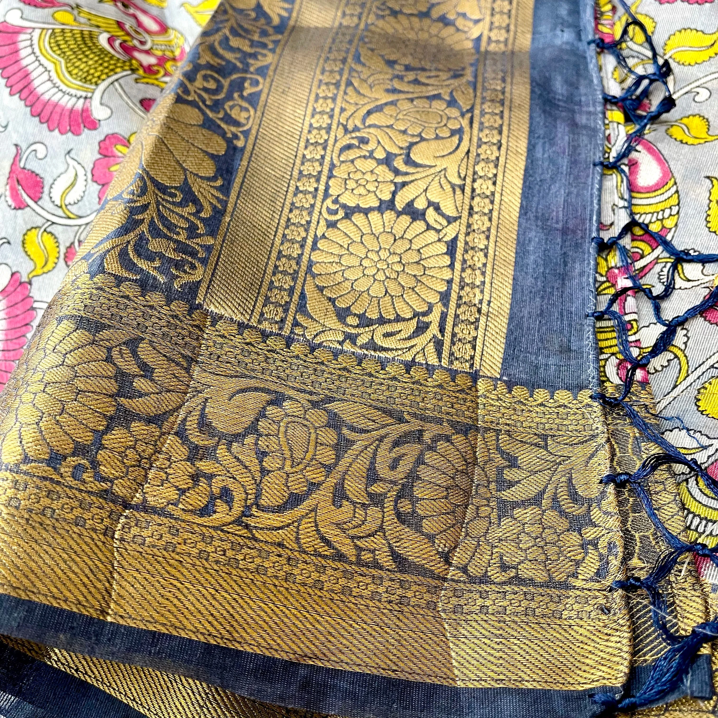 Grey Blue Kalamkari Cotton Silk Saree with Stitched Blouse