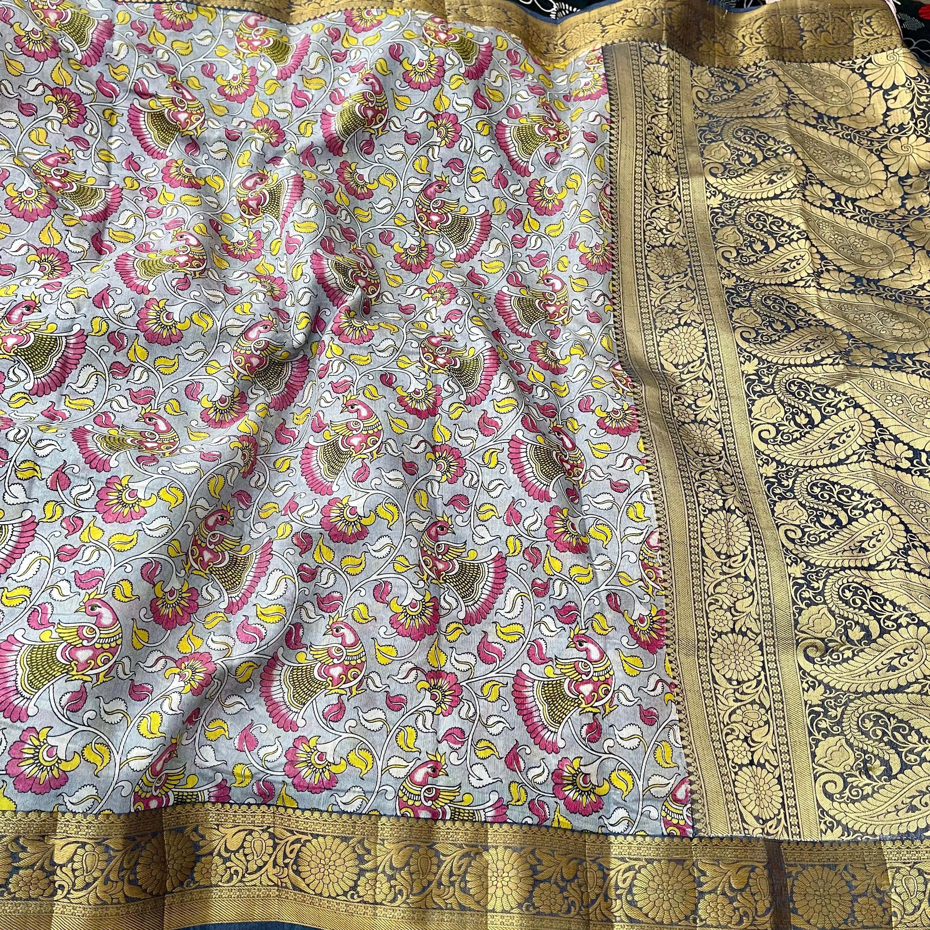 Grey Blue Kalamkari Cotton Silk Saree with Stitched Blouse