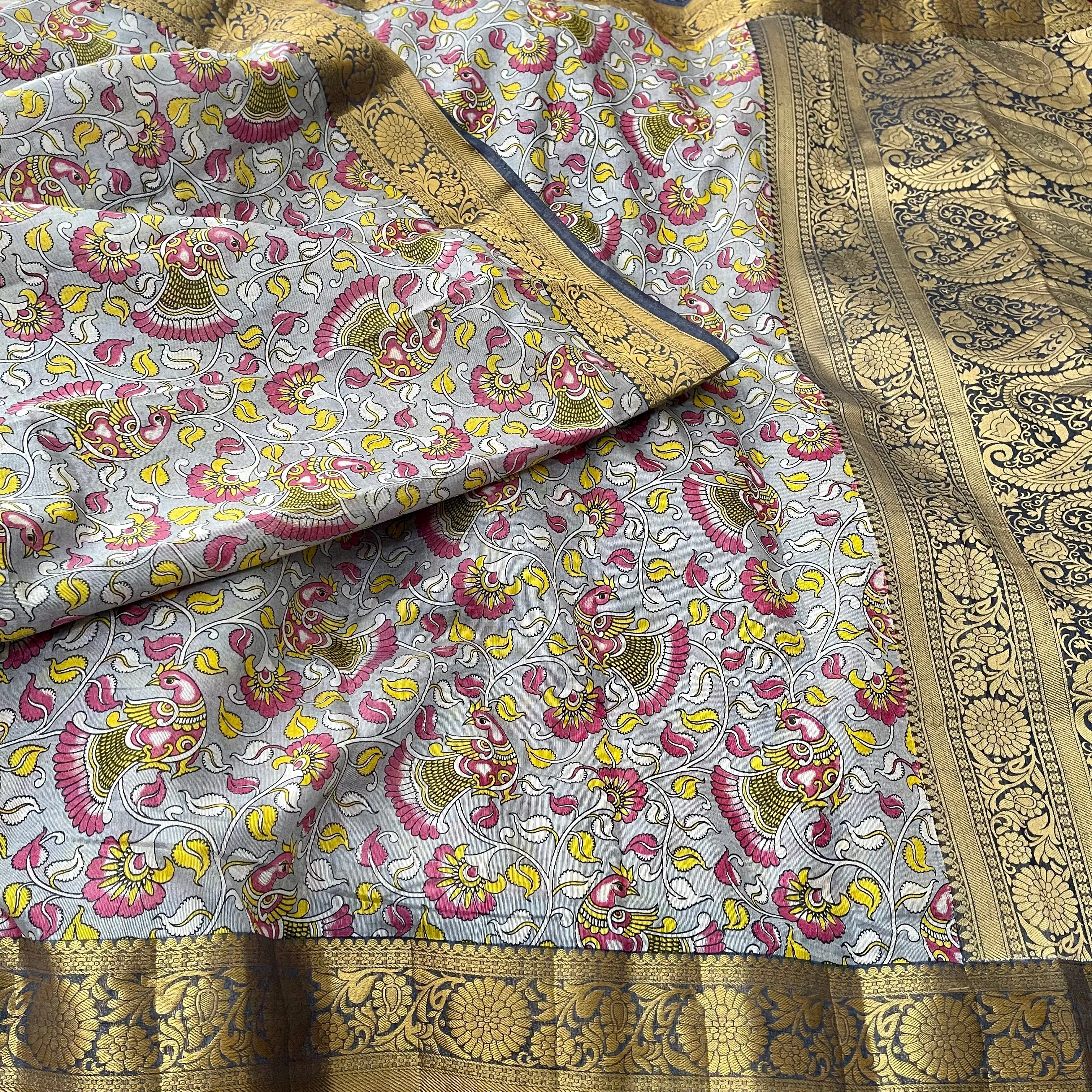 Grey Blue Kalamkari Cotton Silk Saree with Stitched Blouse