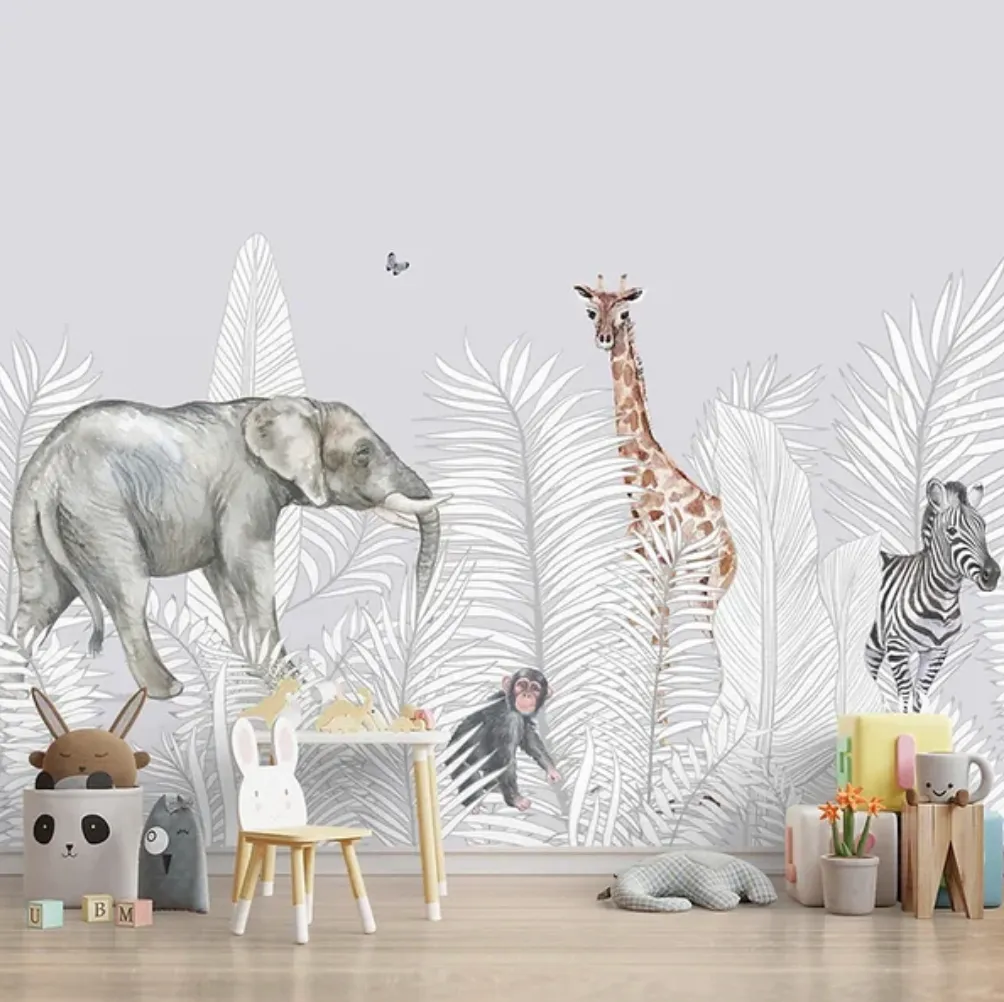 Jungle Animals in White Background, Kids Rooms Customised Wallpaper