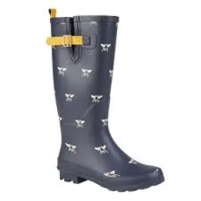 Ladies Wellington Welly Honey Navy/Multi Bee Print Rubber 4 to 8