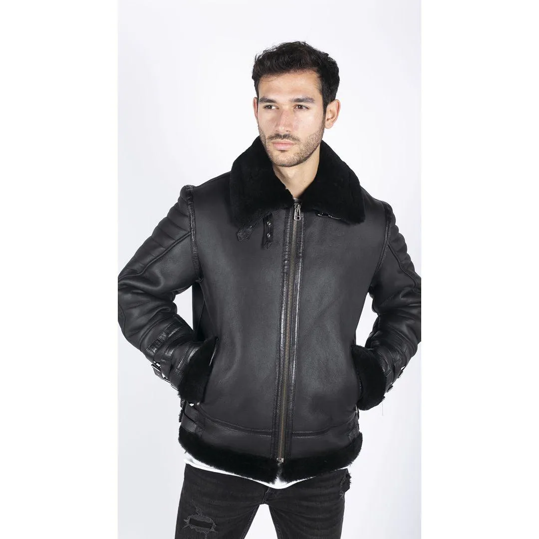 Mens Black Real Sheepskin Flying Jacket Zipped WW2 Pilot Black Winter Warm Coat