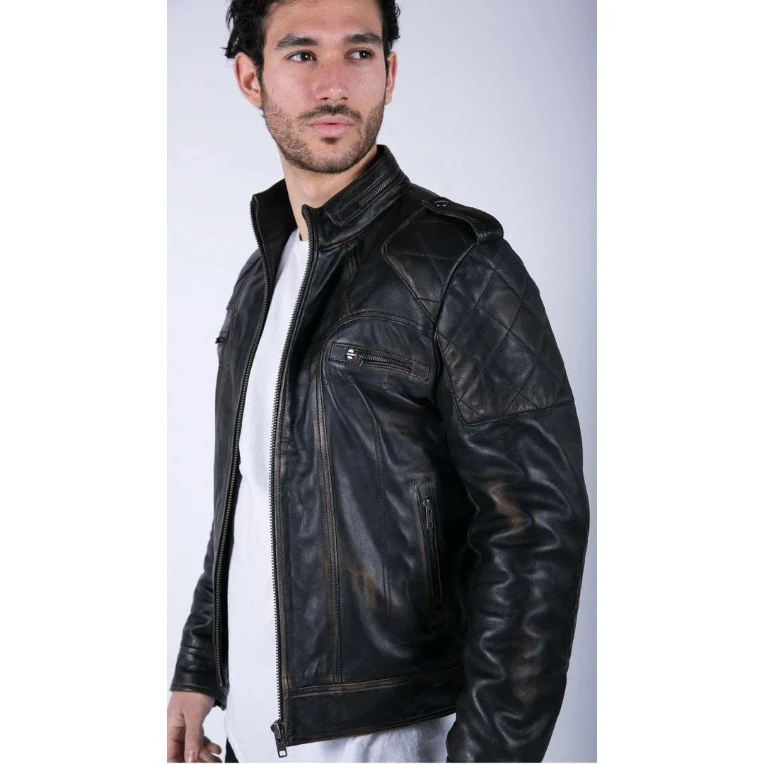 Mens Retro Real Leather Black Brown Washed Racer Jacket Biker Zipped Slim