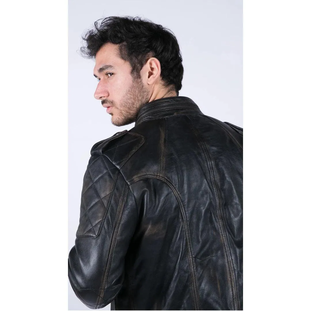 Mens Retro Real Leather Black Brown Washed Racer Jacket Biker Zipped Slim