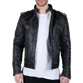 Mens Retro Real Leather Black Brown Washed Racer Jacket Biker Zipped Slim