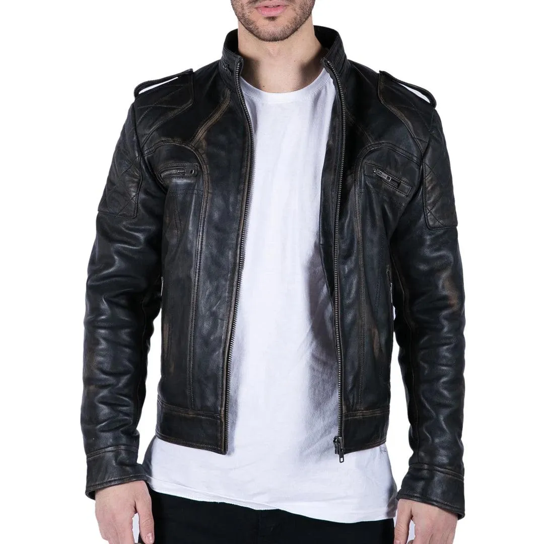 Mens Retro Real Leather Black Brown Washed Racer Jacket Biker Zipped Slim