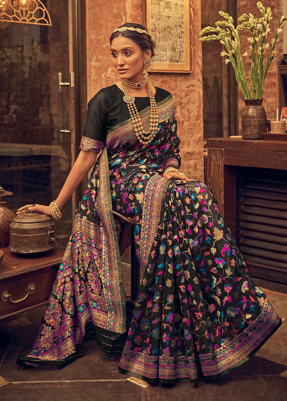 Midnight Black Kashmiri Weaving Silk Saree