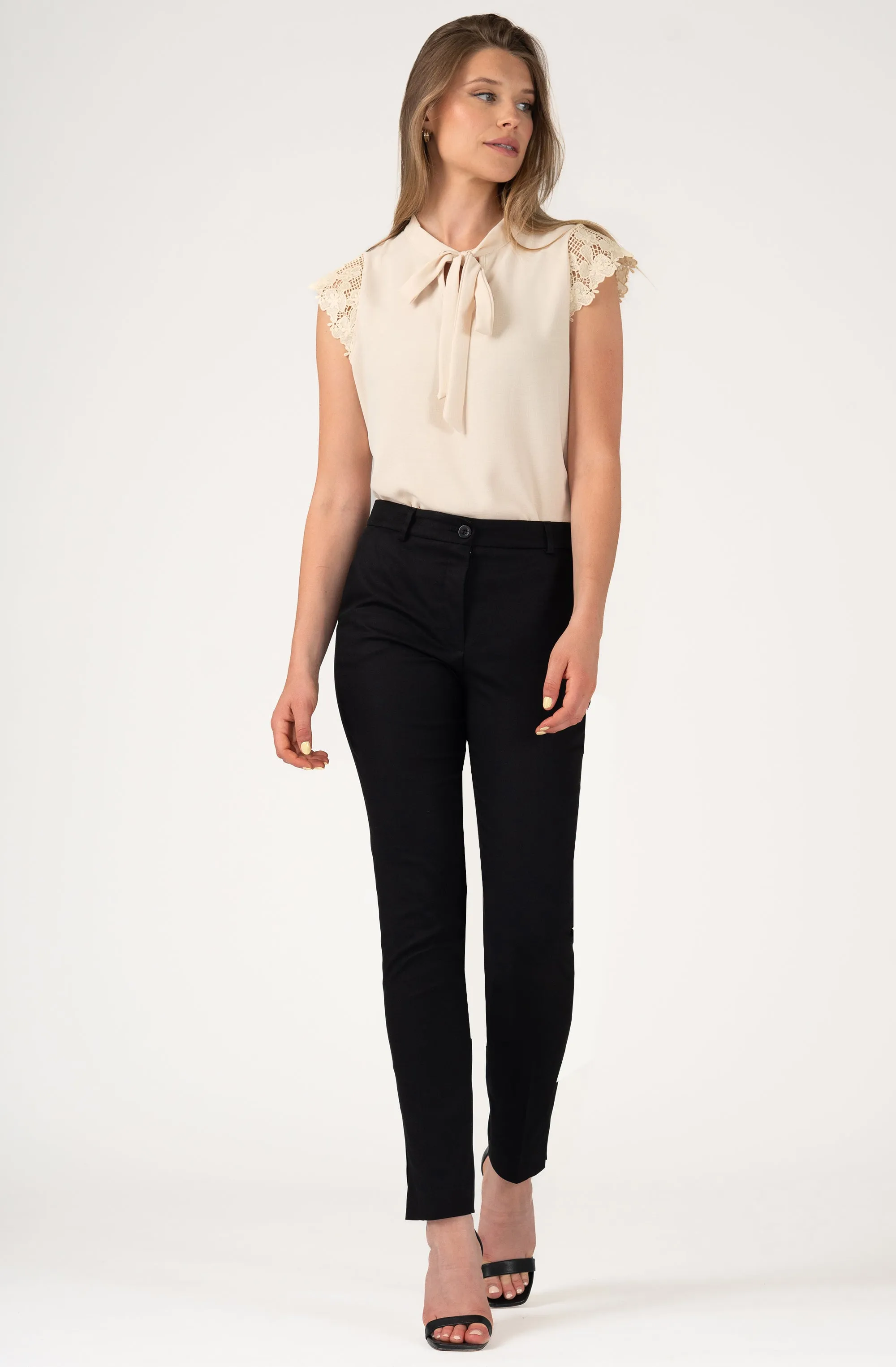 Necktie Blouse with Lace Cap Sleeves