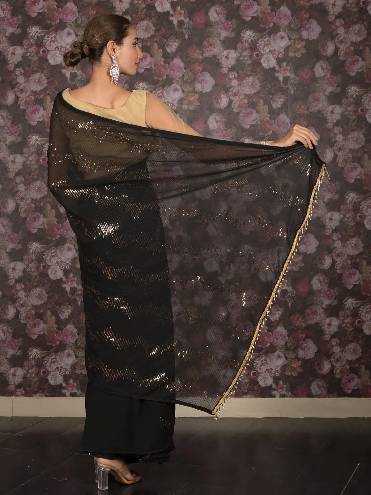 Odette Black and Gold Sequins Embroidered Georgette Saree with Unstitched Blouse for Women