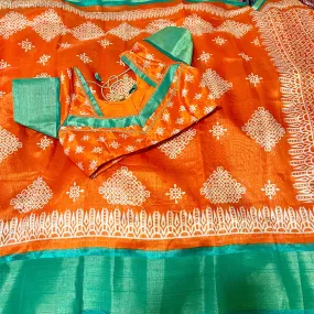 Orange & Green Kolam/Rangoli saree with stitched blouse