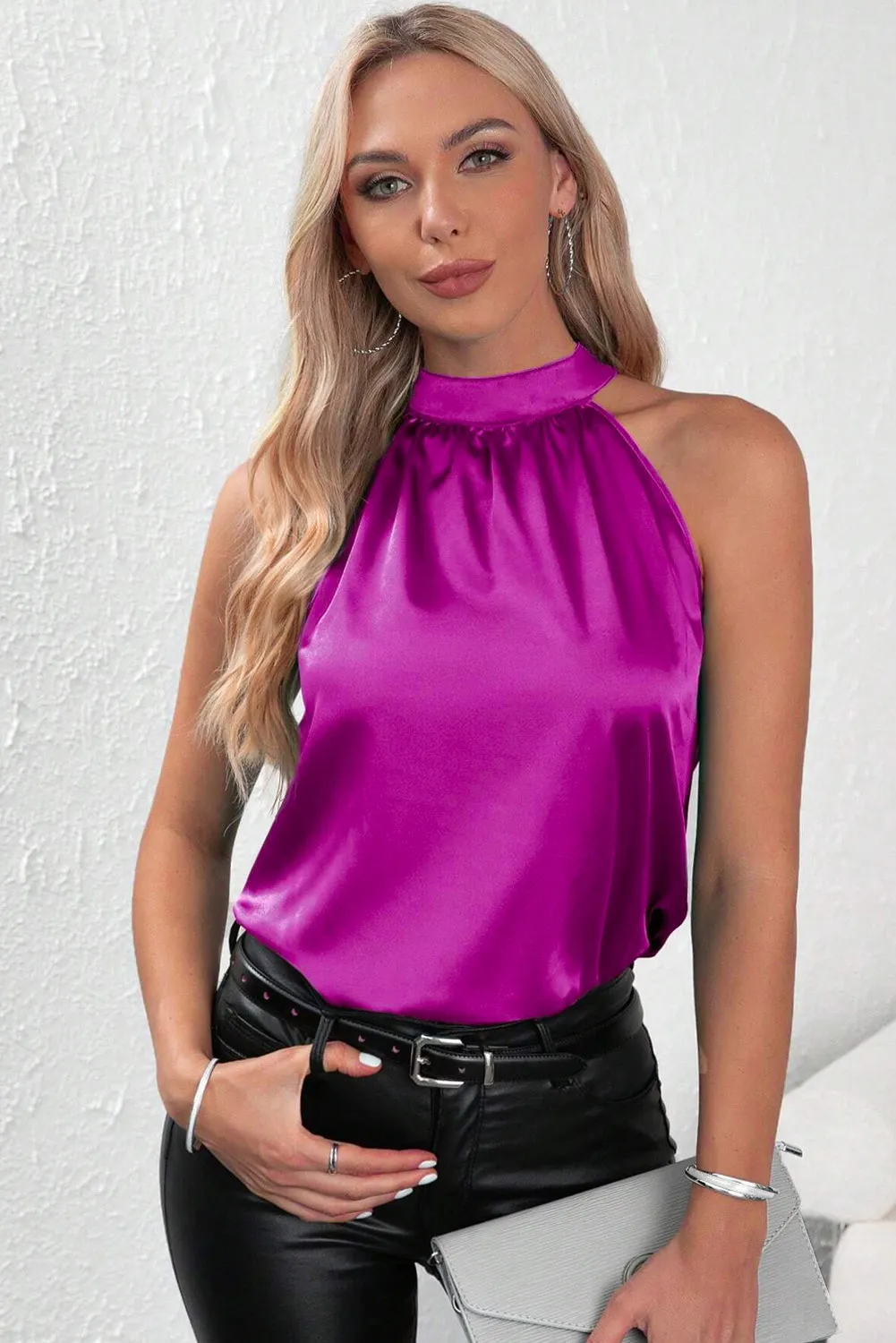 Pinkish/Purple Halter Neck Keyhole Back Satin Vest