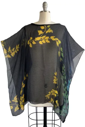 Seersucker Silk Poncho w/ Vine Print - Black, Blue & Yellow