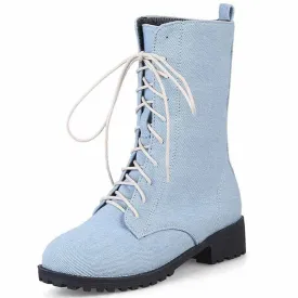 Women's ankle boots lace up denim martin boots low heel bootie